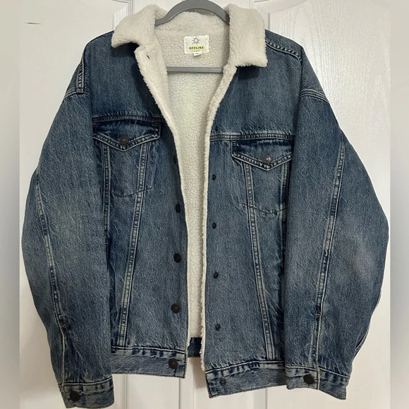 AERIE NEW AERIE OFFLINE JEAN JACKET LARGE SHERPA LINED DENIM COAT - Picture 1 of 4